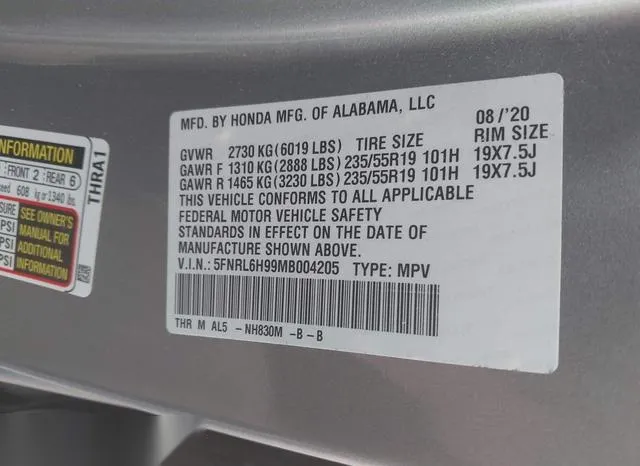 5FNRL6H99MB004205 2021 2021 Honda Odyssey- Elite 9