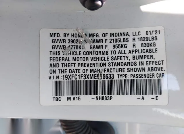 19XFC1F3XME005633 2021 2021 Honda Civic- EX 9