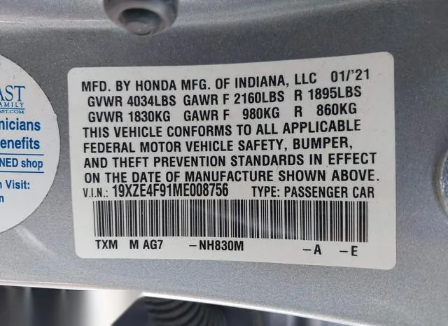 19XZE4F91ME008756 2021 2021 Honda Insight- Touring 9