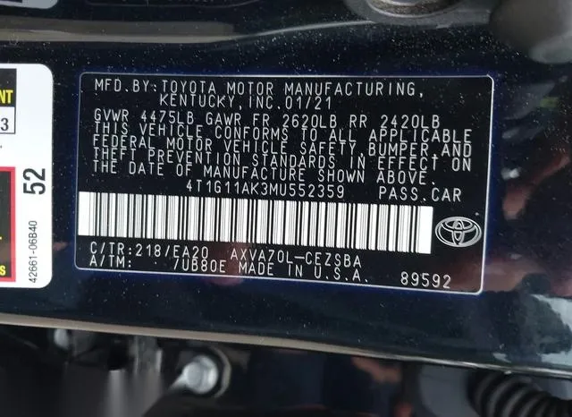 4T1G11AK3MU552359 2021 2021 Toyota Camry- SE 9