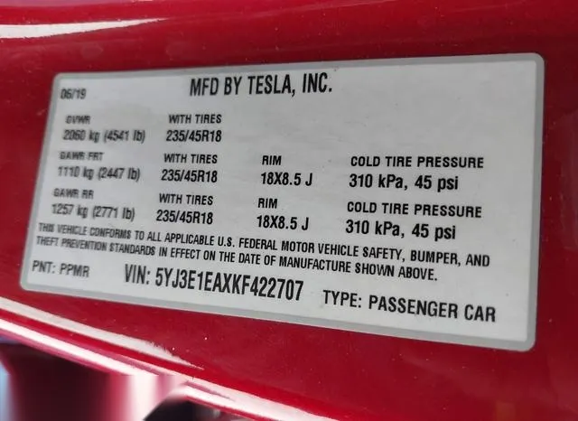 5YJ3E1EAXKF422707 2019 2019 Tesla Model 3- Long Range/Mid Ra 9