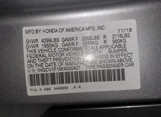 1HGCV1F19KA020427 2019 2019 Honda Accord- LX 9