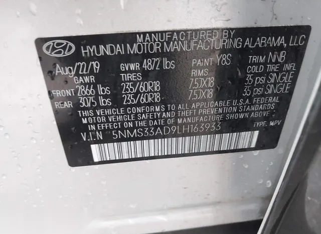 5NMS33AD9LH163933 2020 2020 Hyundai Santa Fe- Sel 9