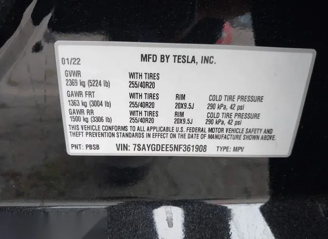 7SAYGDEE5NF361908 2022 2022 Tesla Model Y- Long Range Dual M 9