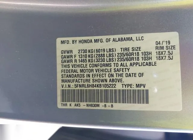 5FNRL6H84KB105222 2019 2019 Honda Odyssey- Touring 9