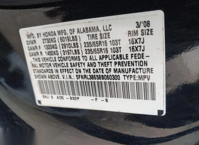 5FNRL38658B060300 2008 2008 Honda Odyssey- Ex-L 9