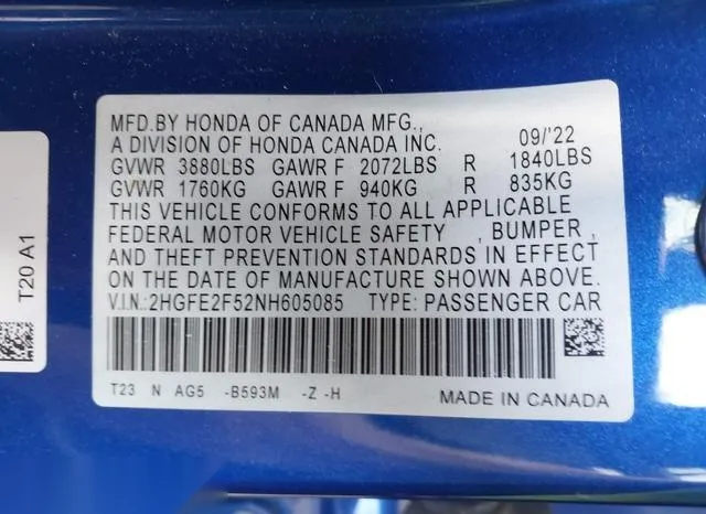 2HGFE2F52NH605085 2022 2022 Honda Civic- Sport 9