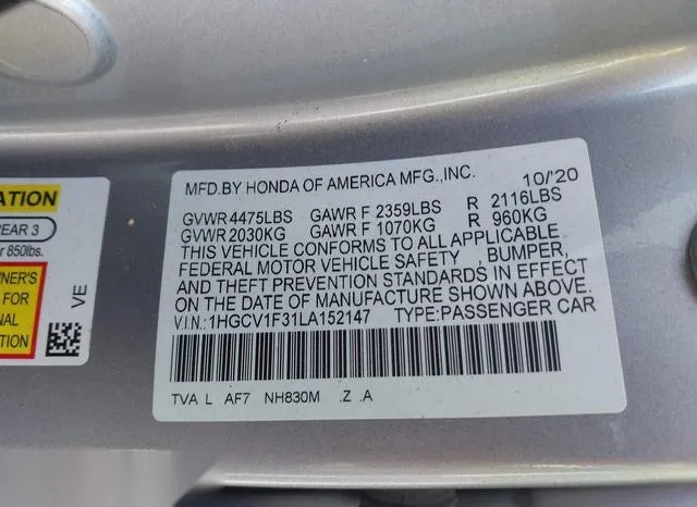 1HGCV1F31LA152147 2020 2020 Honda Accord- Sport 9