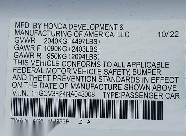 1HGCV3F24NA043008 2022 2022 Honda Accord- Hybrid Sport 9