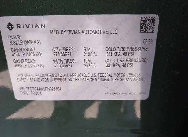 7FCTGAAA9PN026304 2023 2023 Rivian R1T- Adventure Quad Motor 9