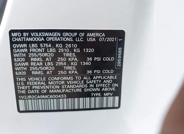 1V2JR2CA9MC600433 2021 2021 Volkswagen Atlas- 3-6L V6 Se W/T 9