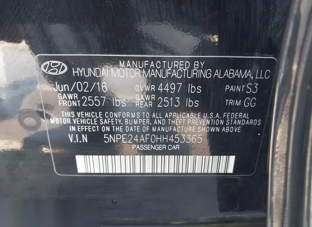 5NPE24AF0HH453365 2017 2017 Hyundai Sonata- SE 9