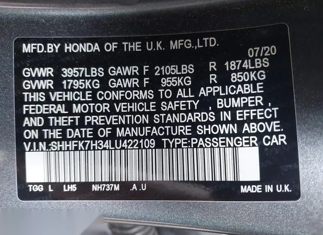 SHHFK7H34LU422109 2020 2020 Honda Civic- LX 9