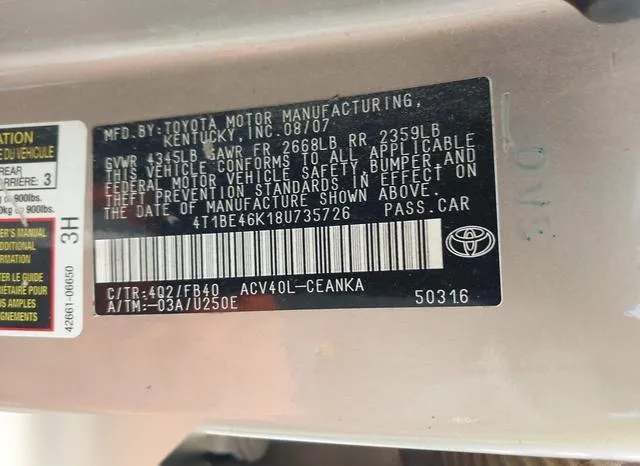 4T1BE46K18U735726 2008 2008 Toyota Camry- LE 9