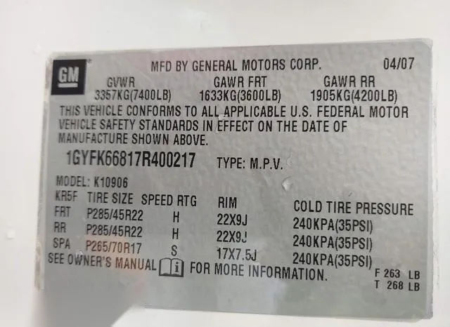 1GYFK66817R400217 2007 2007 Cadillac Escalade- Esv Standard 9