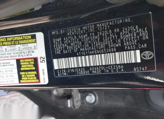 4T1G11AK6NU653686 2022 2022 Toyota Camry- SE 9