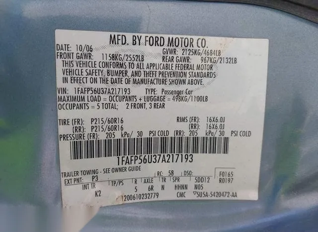 1FAFP56U37A217193 2007 2007 Ford Taurus- Sel 9