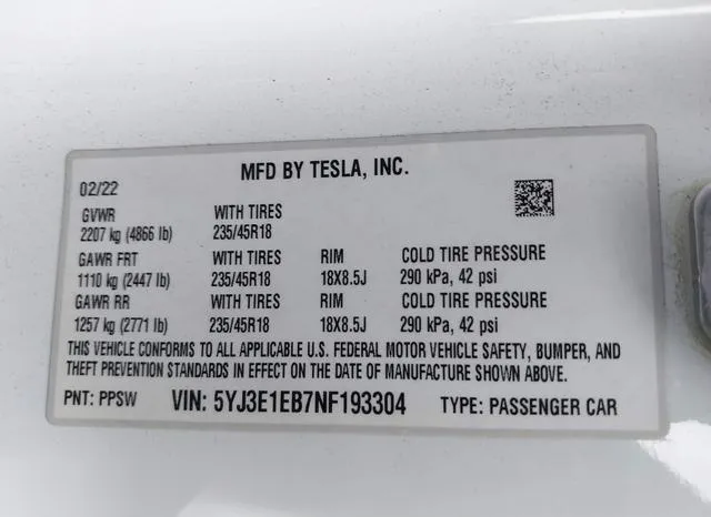 5YJ3E1EB7NF193304 2022 2022 Tesla Model 3- Long Range Dual M 9