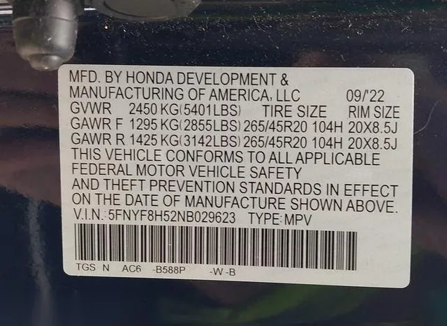 5FNYF8H52NB029623 2022 2022 Honda Passport- Awd Ex-L 9