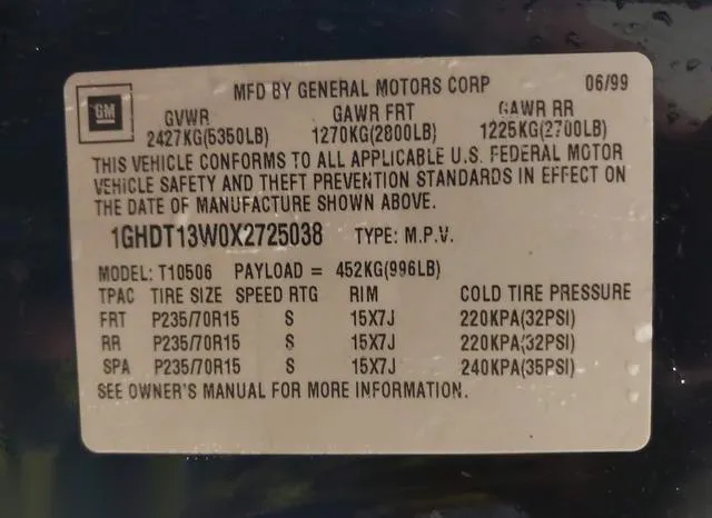 1GHDT13W0X2725038 1999 1999 Oldsmobile Bravada 9