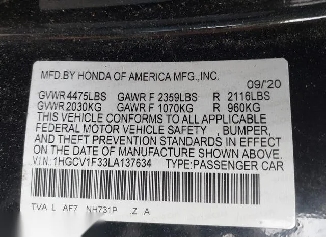 1HGCV1F33LA137634 2020 2020 Honda Accord- Sport 9