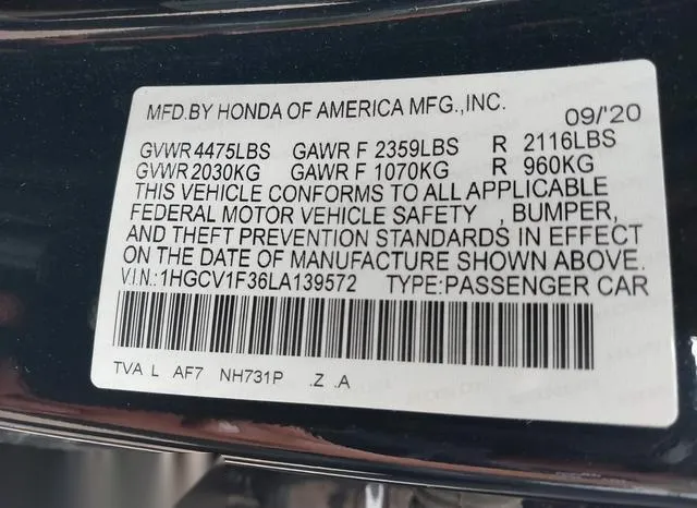 1HGCV1F36LA139572 2020 2020 Honda Accord- Sport 9