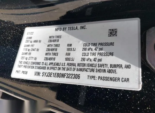 5YJ3E1EB0NF322306 2022 2022 Tesla Model 3- Long Range Dual M 9