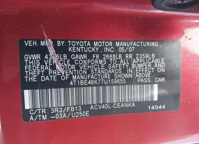 4T1BE46K77U159655 2007 2007 Toyota Camry- LE 9