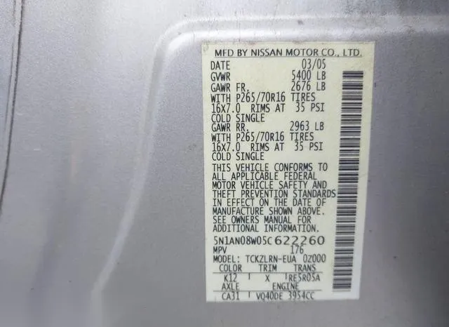 5N1AN08W05C622260 2005 2005 Nissan Xterra- S 9