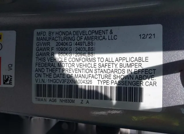 1HGCV3F2XNA004326 2022 2022 Honda Accord- Hybrid Sport 9