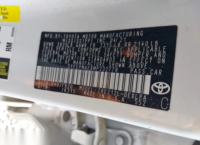 5YFEPMAE8MP232778 2021 2021 Toyota Corolla- LE 9