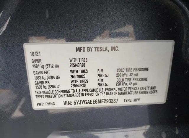 5YJYGAEE6MF293287 2021 2021 Tesla Model Y- Long Range Dual 9