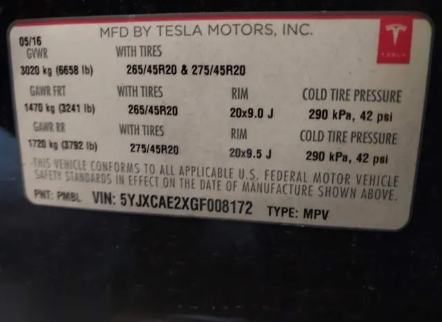 5YJXCAE2XGF008172 2016 2016 Tesla Model X- 60D/70D/75D/90D 9