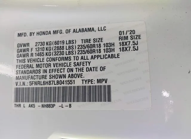 5FNRL6H87LB041551 2020 2020 Honda Odyssey- Touring 9