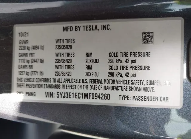 5YJ3E1EC1MF094260 2021 2021 Tesla Model 3- Performance Dual  9