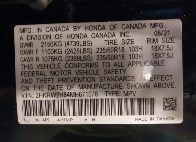 2HKRW2H84MH671076 2021 2021 Honda CR-V- Awd Ex-L 9