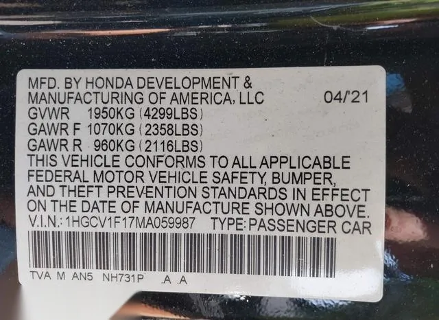 1HGCV1F17MA059987 2021 2021 Honda Accord- LX 9