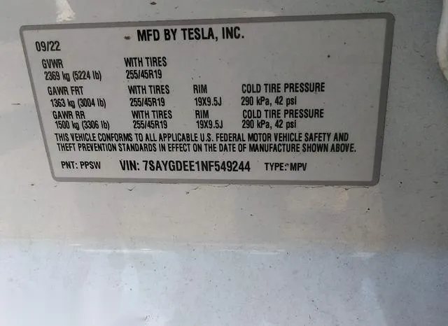 7SAYGDEE1NF549244 2022 2022 Tesla Model Y- Long Range Dual M 9