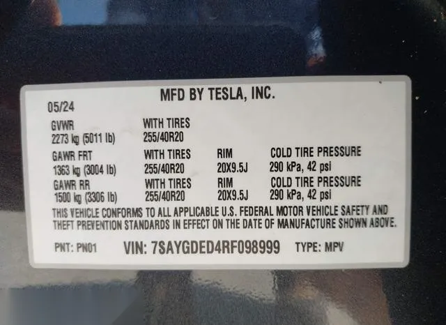 7SAYGDED4RF098999 2024 2024 Tesla Model Y- Long Range/Rwd 9