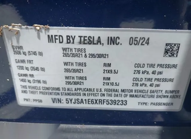 5YJSA1E6XRF539233 2024 2024 Tesla Model S- Plaid Tri Motor A 9