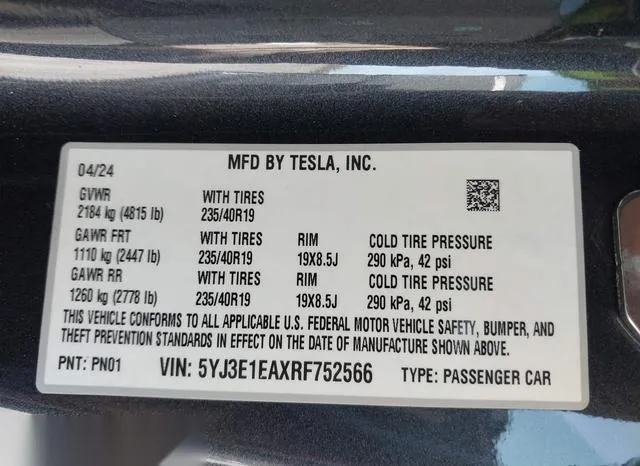 5YJ3E1EAXRF752566 2024 2024 Tesla Model 3- Rear-Wheel Drive 9