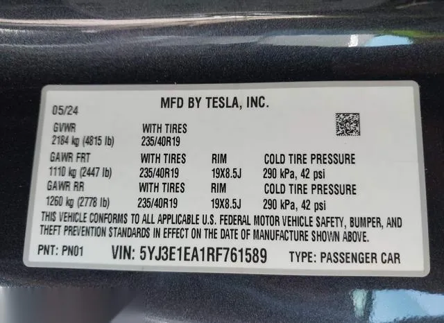 5YJ3E1EA1RF761589 2024 2024 Tesla Model 3- Rear-Wheel Drive 9