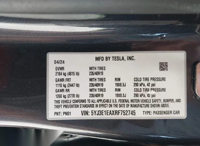 5YJ3E1EAXRF752745 2024 2024 Tesla Model 3- Rear-Wheel Drive 9