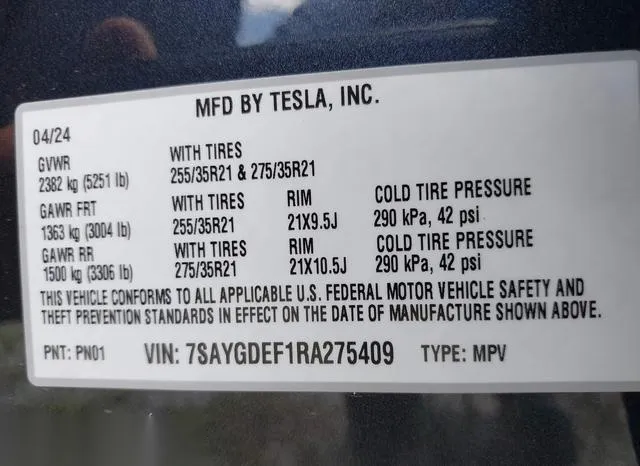 7SAYGDEF1RA275409 2024 2024 Tesla Model Y- Performance Dual  9