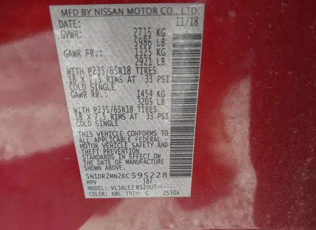 5N1DR2MN2KC595228 2019 2019 Nissan Pathfinder- SV 9