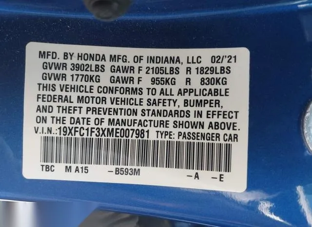 19XFC1F3XME007981 2021 2021 Honda Civic- EX 9