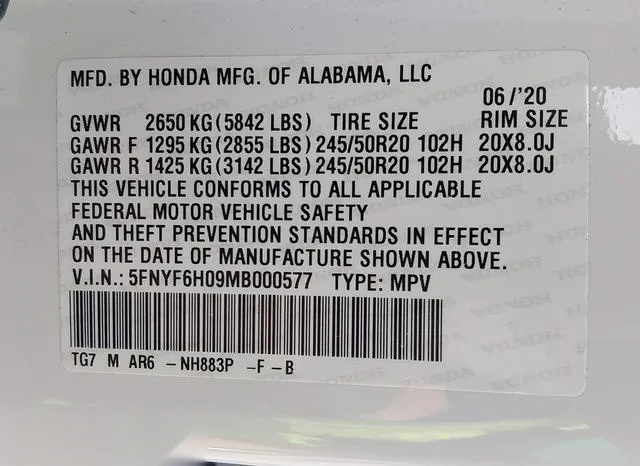 5FNYF6H09MB000577 2021 2021 Honda Pilot- Awd Elite 9