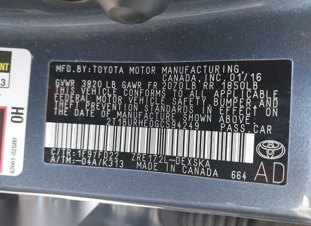 2T1BURHE0GC594249 2016 2016 Toyota Corolla- S Plus 9