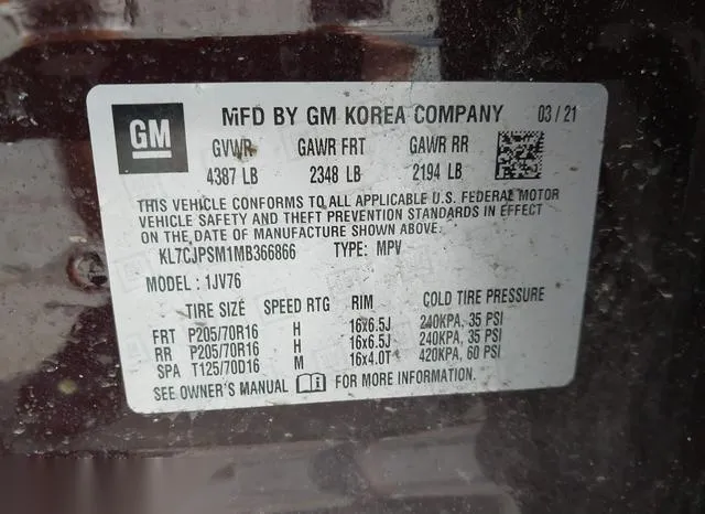 KL7CJPSM1MB366866 2021 2021 Chevrolet Trax- Awd Lt 9