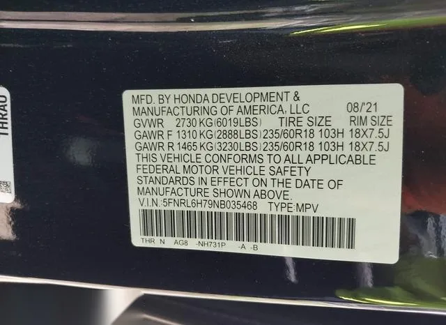 5FNRL6H79NB035468 2022 2022 Honda Odyssey- Ex-L 9